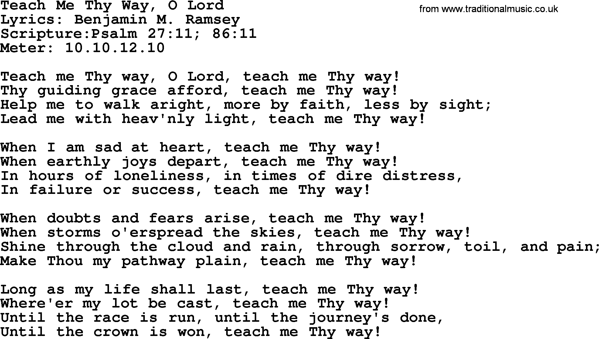 Hymns about  Angels, Hymn: Teach Me Thy Way, O Lord, lyrics, sheet music, midi & Mp3 music with PDF