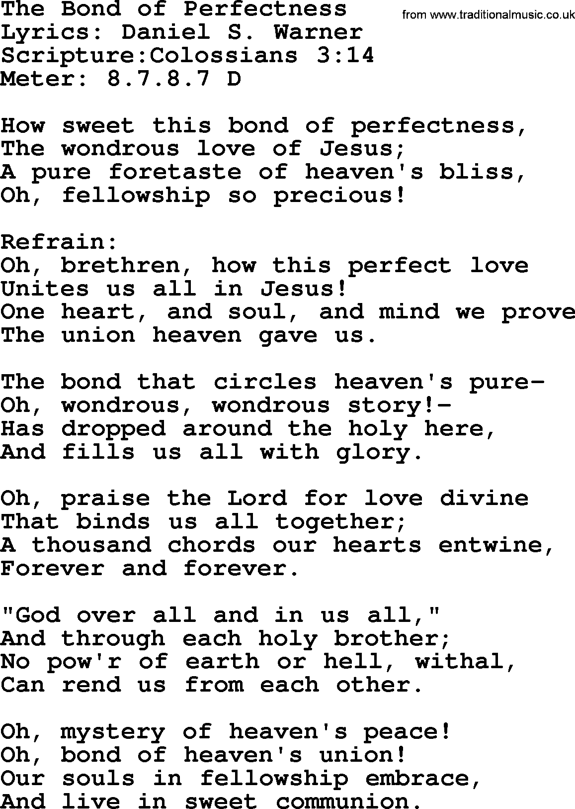 Hymns about  Angels, Hymn: The Bond of Perfectness, lyrics, sheet music, midi & Mp3 music with PDF