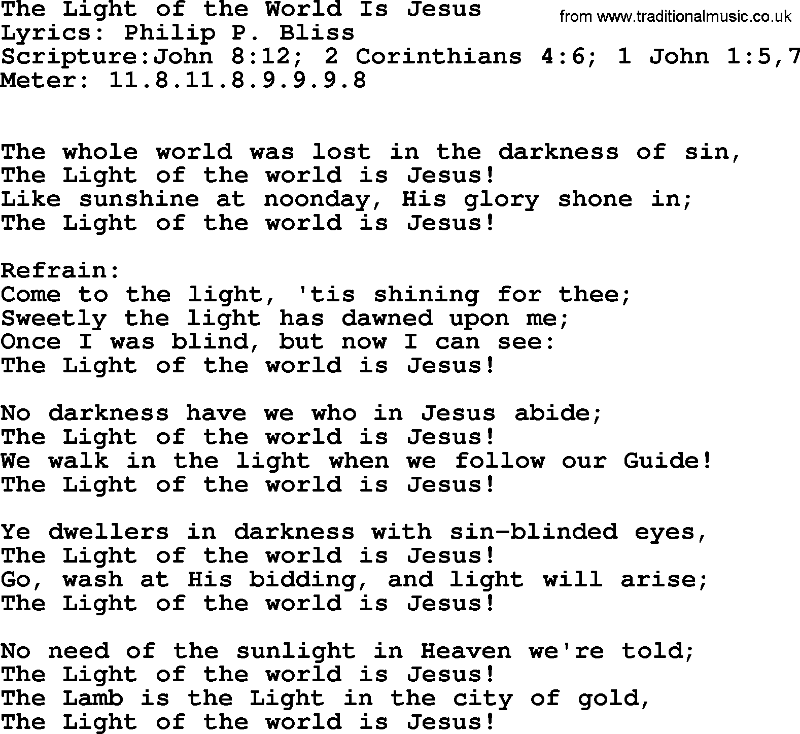 Hymns about  Angels, Hymn: The Light of the World Is Jesus, lyrics, sheet music, midi & Mp3 music with PDF