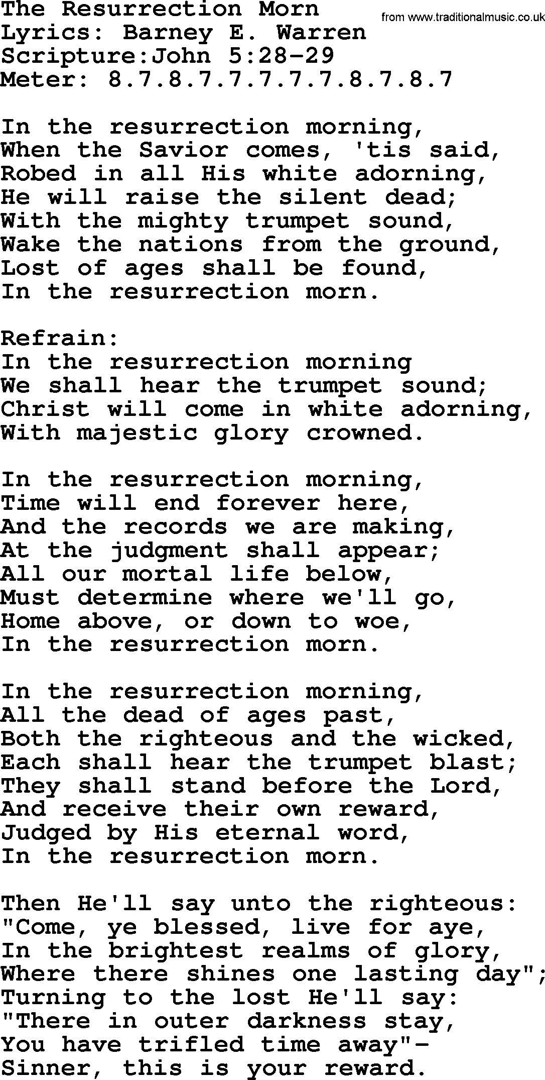Hymns about  Angels, Hymn: The Resurrection Morn, lyrics, sheet music, midi & Mp3 music with PDF