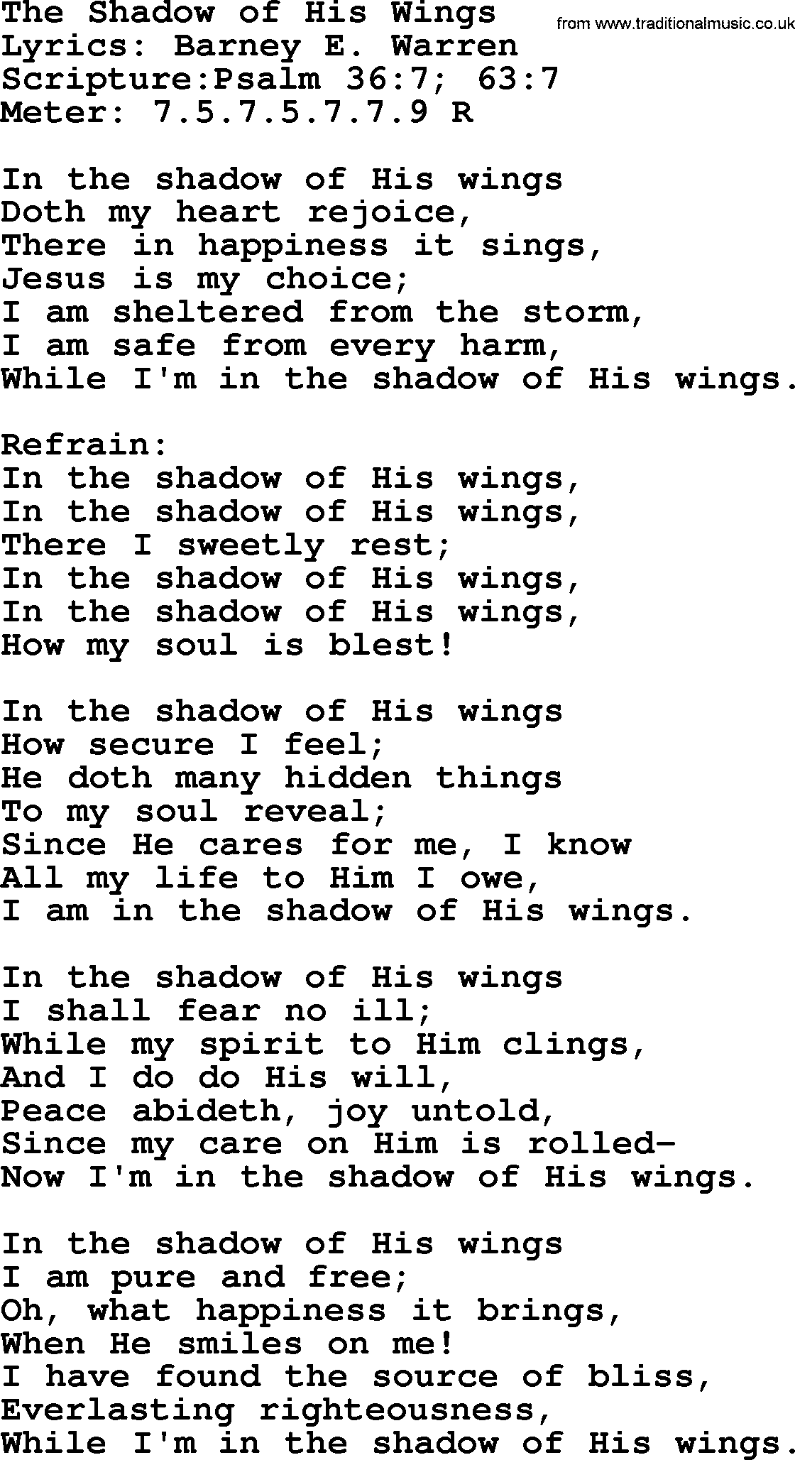 Hymns about  Angels, Hymn: The Shadow of His Wings, lyrics, sheet music, midi & Mp3 music with PDF