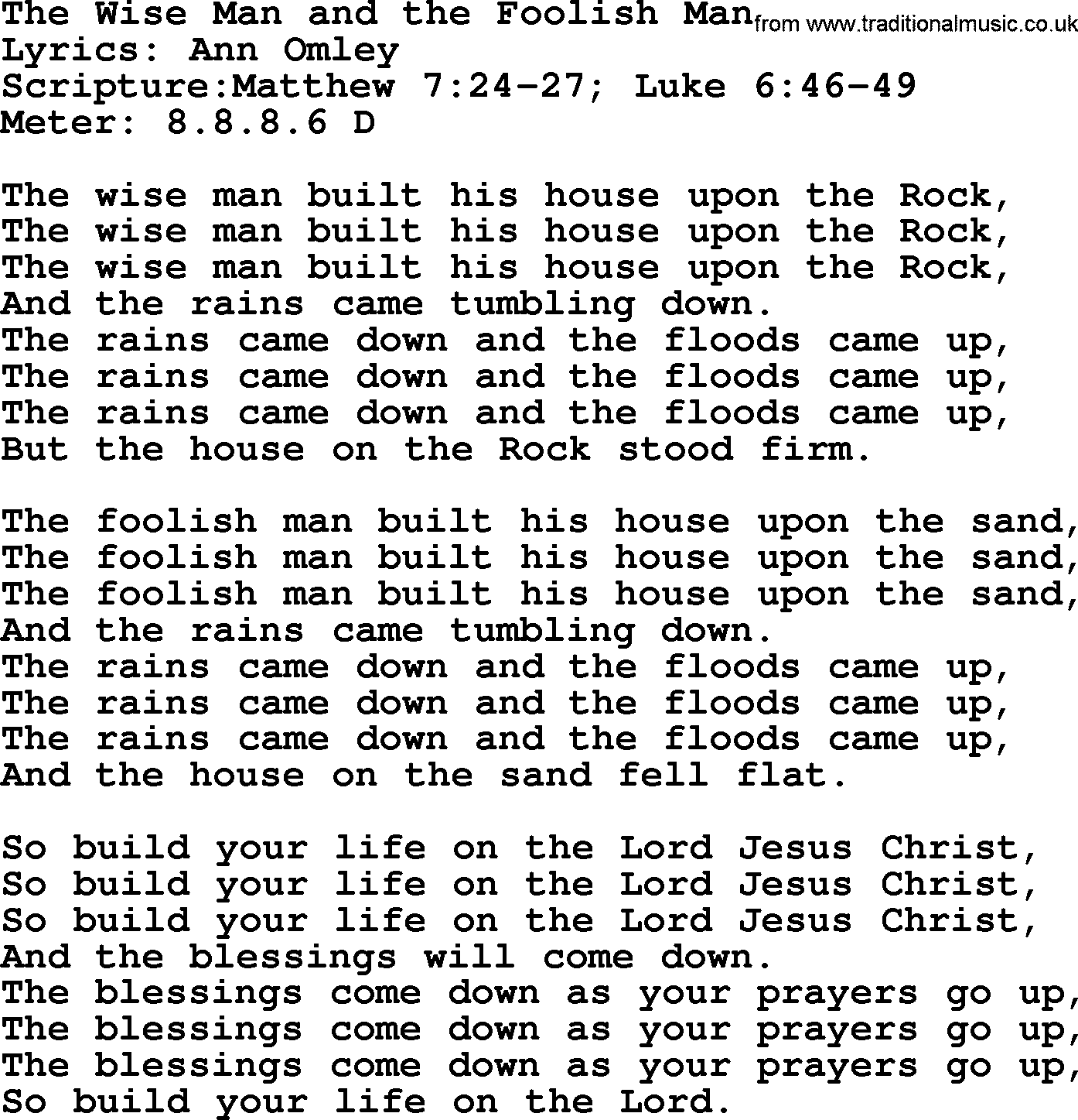 Hymns about  Angels, Hymn: The Wise Man and the Foolish Man, lyrics, sheet music, midi & Mp3 music with PDF
