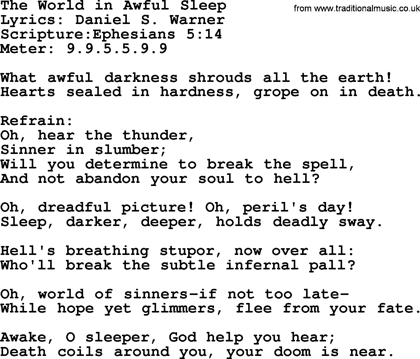 Hymns about  Angels, Hymn: The World in Awful Sleep, lyrics, sheet music, midi & Mp3 music with PDF
