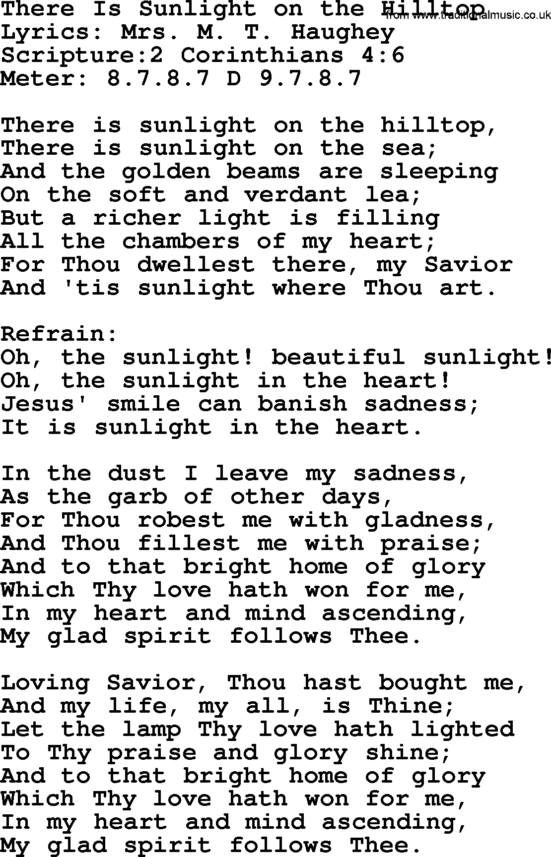 Hymns about  Angels, Hymn: There Is Sunlight on the Hilltop, lyrics, sheet music, midi & Mp3 music with PDF