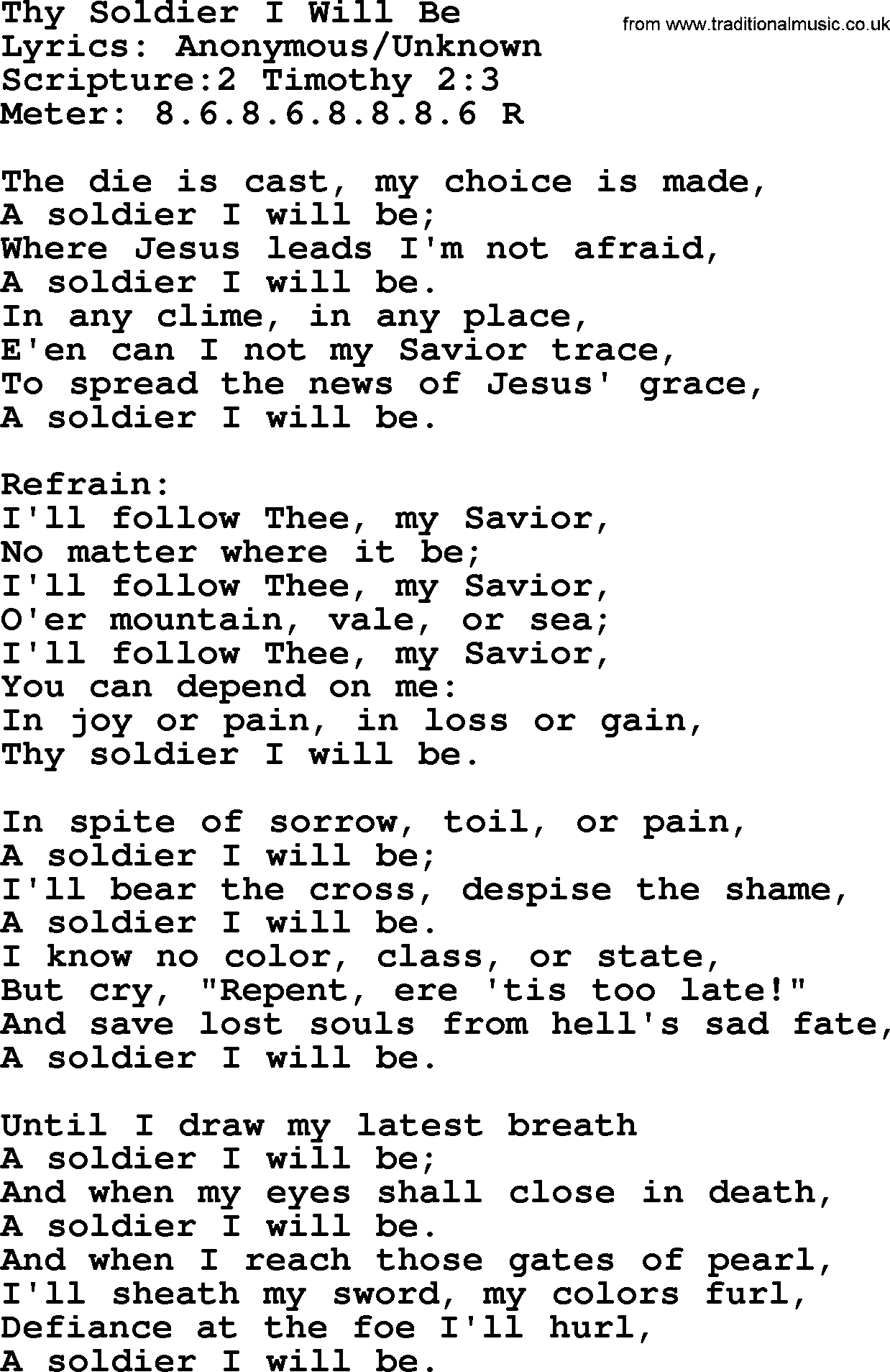Hymns about  Angels, Hymn: Thy Soldier I Will Be, lyrics, sheet music, midi & Mp3 music with PDF