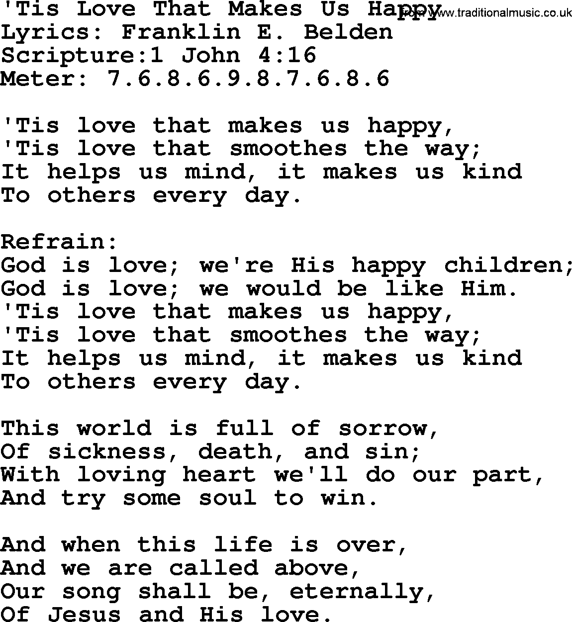Hymns about  Angels, Hymn: Tis Love That Makes Us Happy, lyrics, sheet music, midi & Mp3 music with PDF