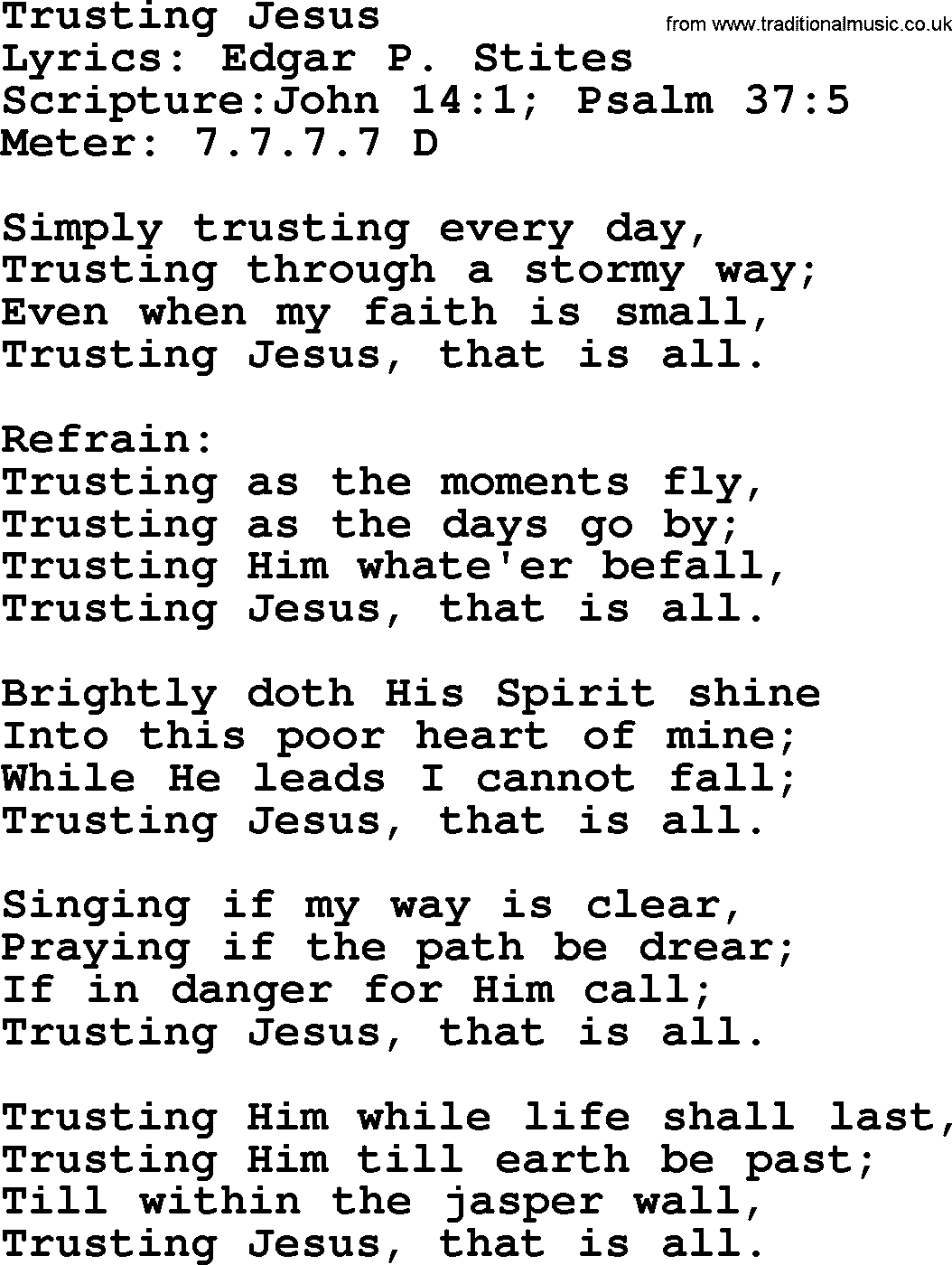 Hymns about  Angels, Hymn: Trusting Jesus, lyrics, sheet music, midi & Mp3 music with PDF