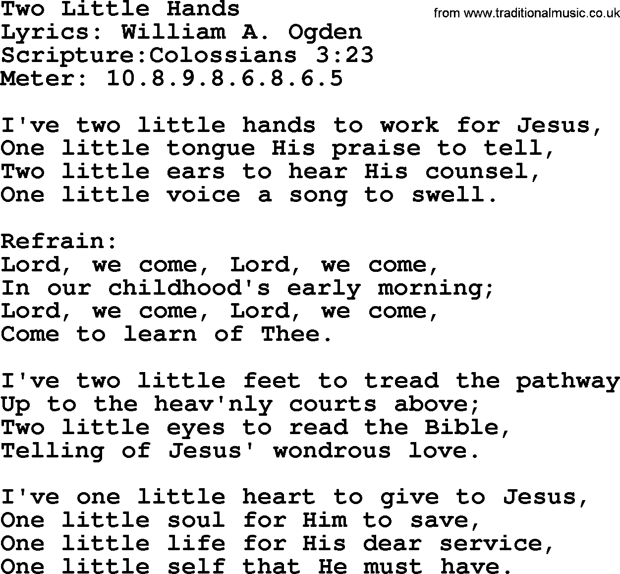 Hymns about  Angels, Hymn: Two Little Hands, lyrics, sheet music, midi & Mp3 music with PDF