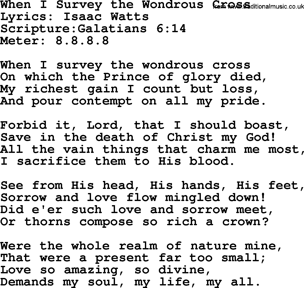 Hymns about  Angels, Hymn: When I Survey the Wondrous Cross, lyrics, sheet music, midi & Mp3 music with PDF