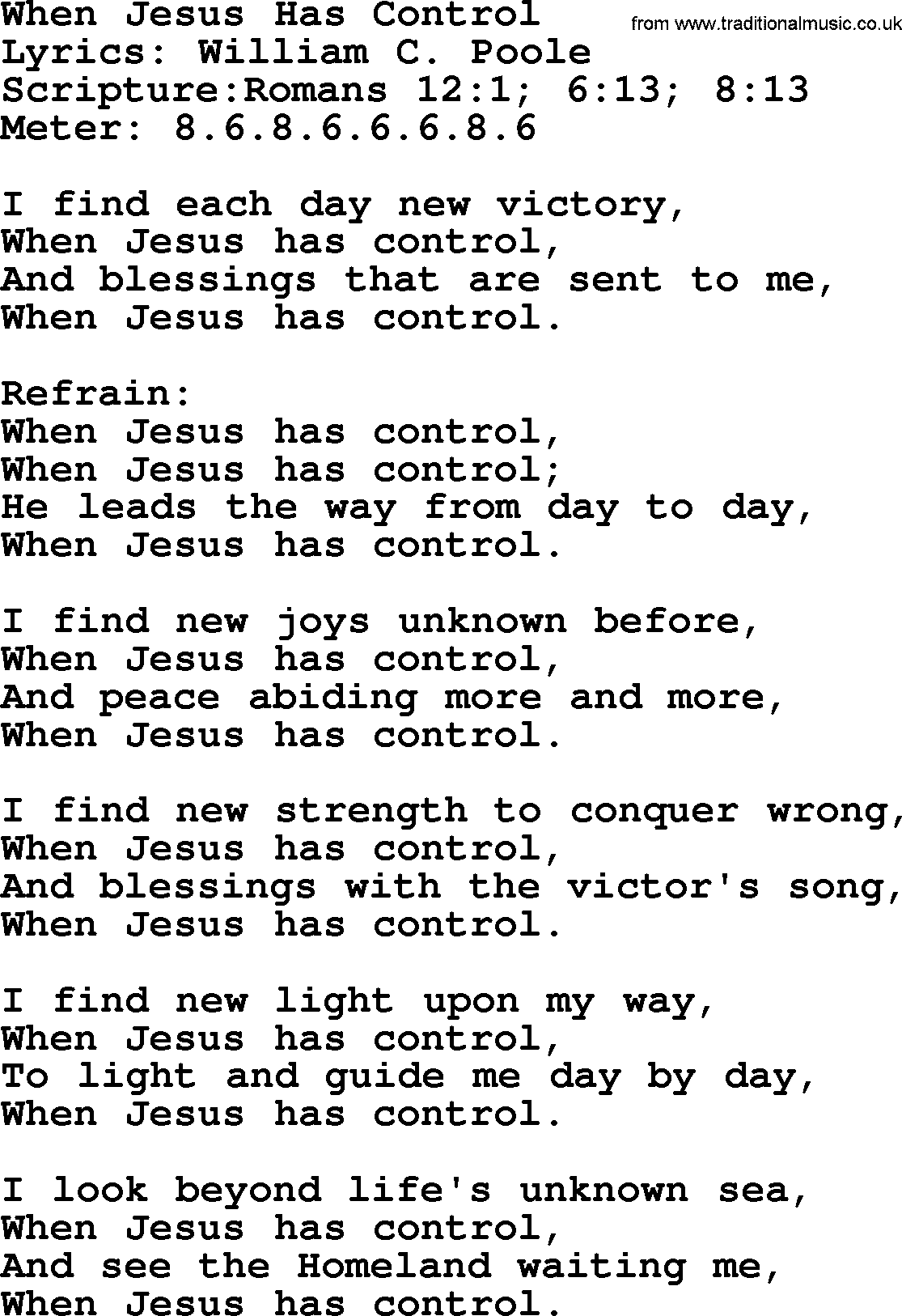 Hymns about  Angels, Hymn: When Jesus Has Control, lyrics, sheet music, midi & Mp3 music with PDF