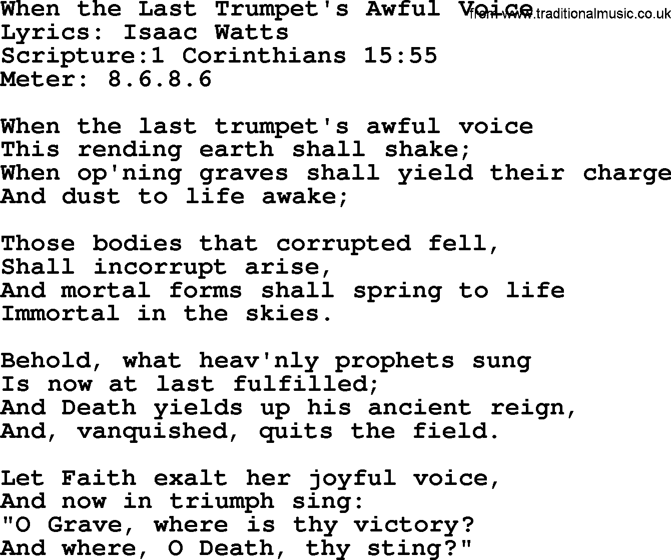 Hymns about  Angels, Hymn: When the Last Trumpet's Awful Voice, lyrics, sheet music, midi & Mp3 music with PDF