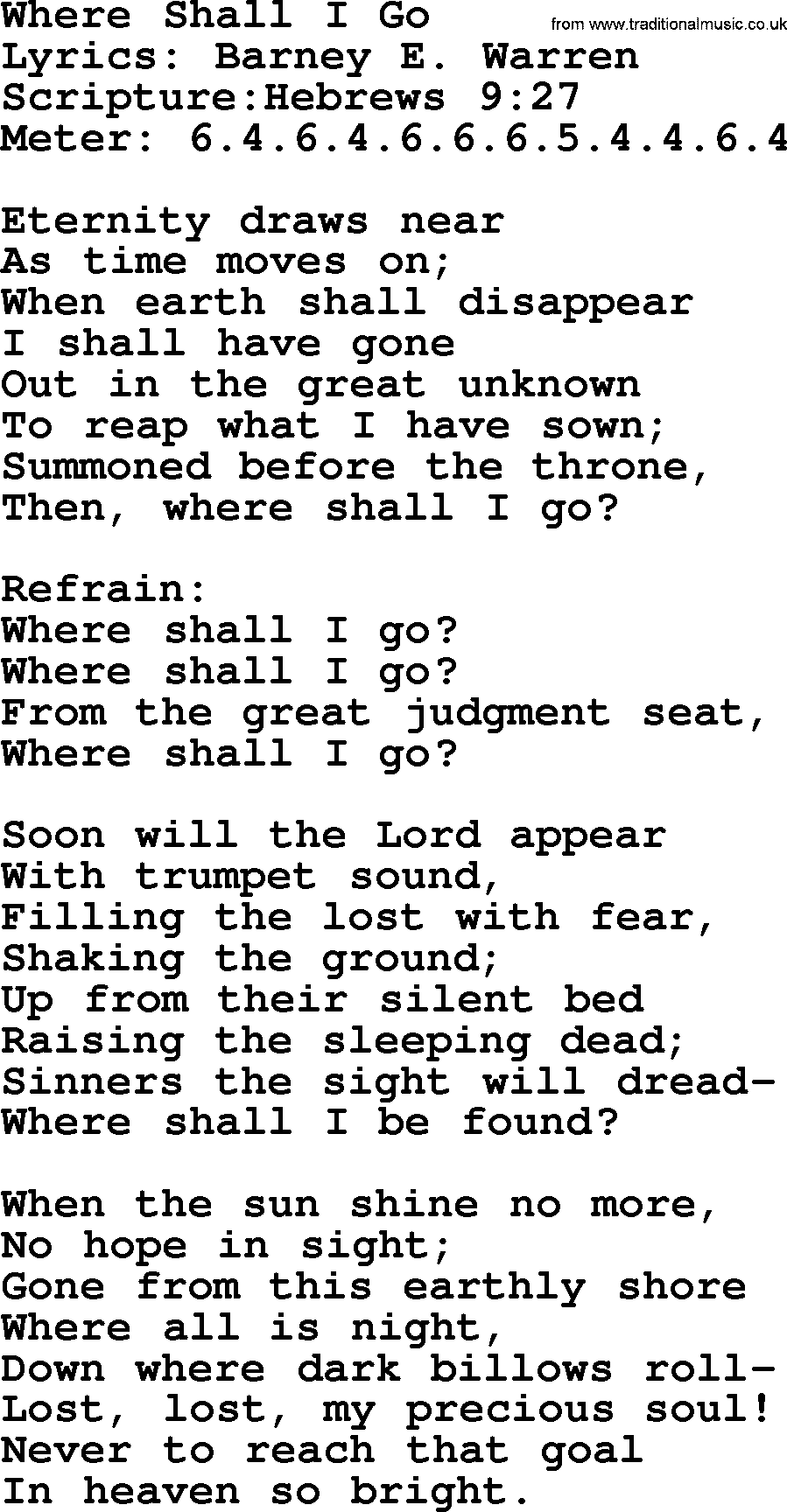 Hymns about  Angels, Hymn: Where Shall I Go, lyrics, sheet music, midi & Mp3 music with PDF