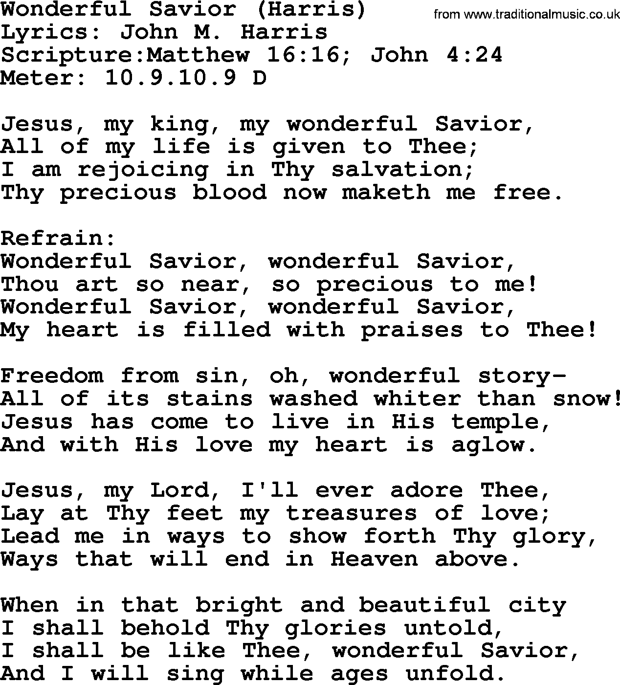 Hymns about  Angels, Hymn: Wonderful Savior (Harris), lyrics, sheet music, midi & Mp3 music with PDF