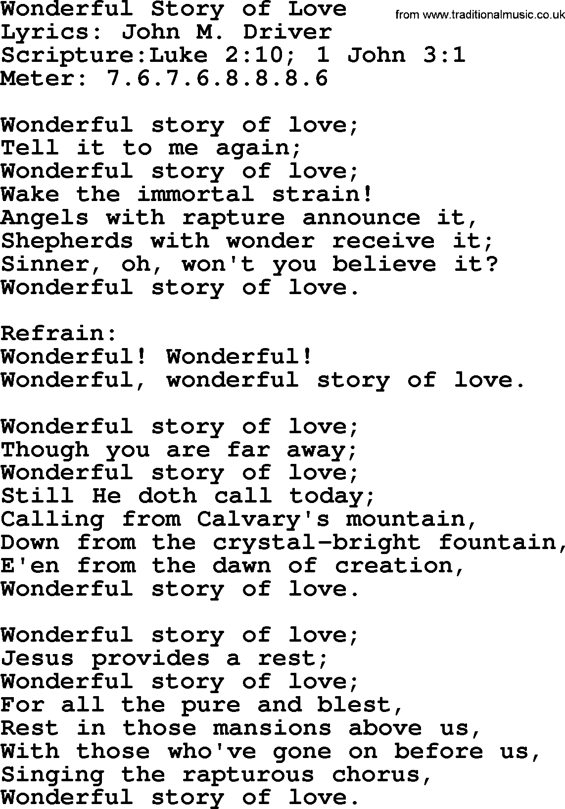 Hymns about  Angels, Hymn: Wonderful Story of Love, lyrics, sheet music, midi & Mp3 music with PDF