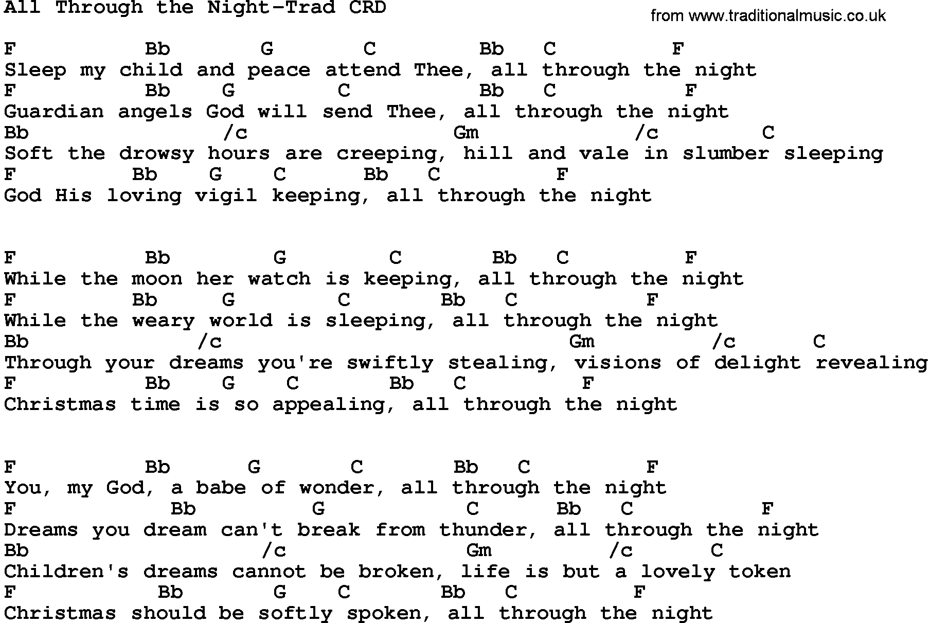 Gospel Song: All Through The Night-Trad, lyrics and chords.