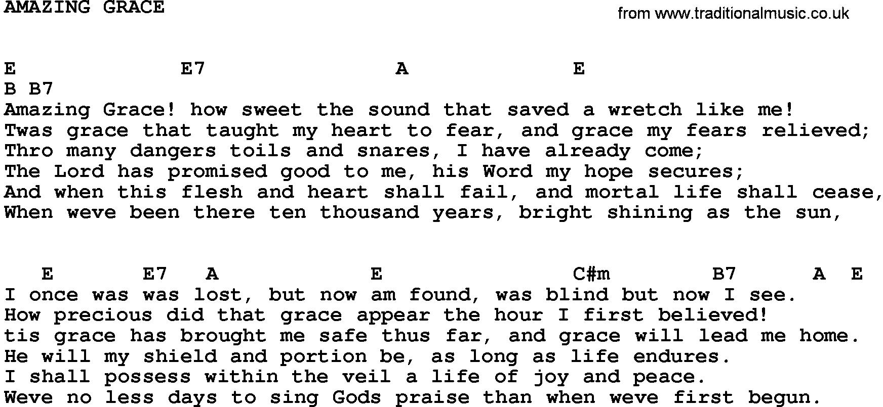 Gospel Song: Amazing Grace-(E)-Trad, lyrics and chords.