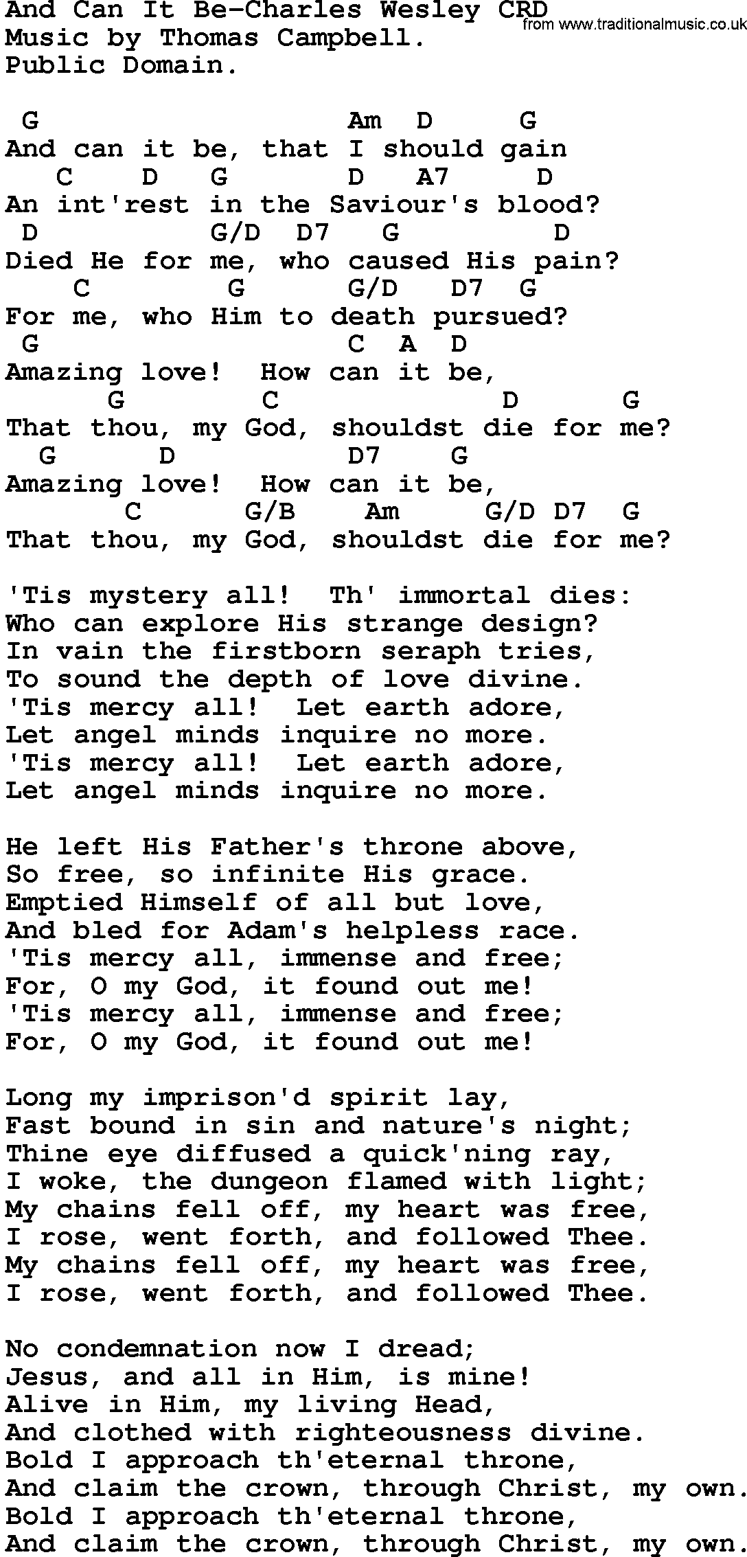 Gospel Song: And Can It Be-Charles Wesley, lyrics and chords.