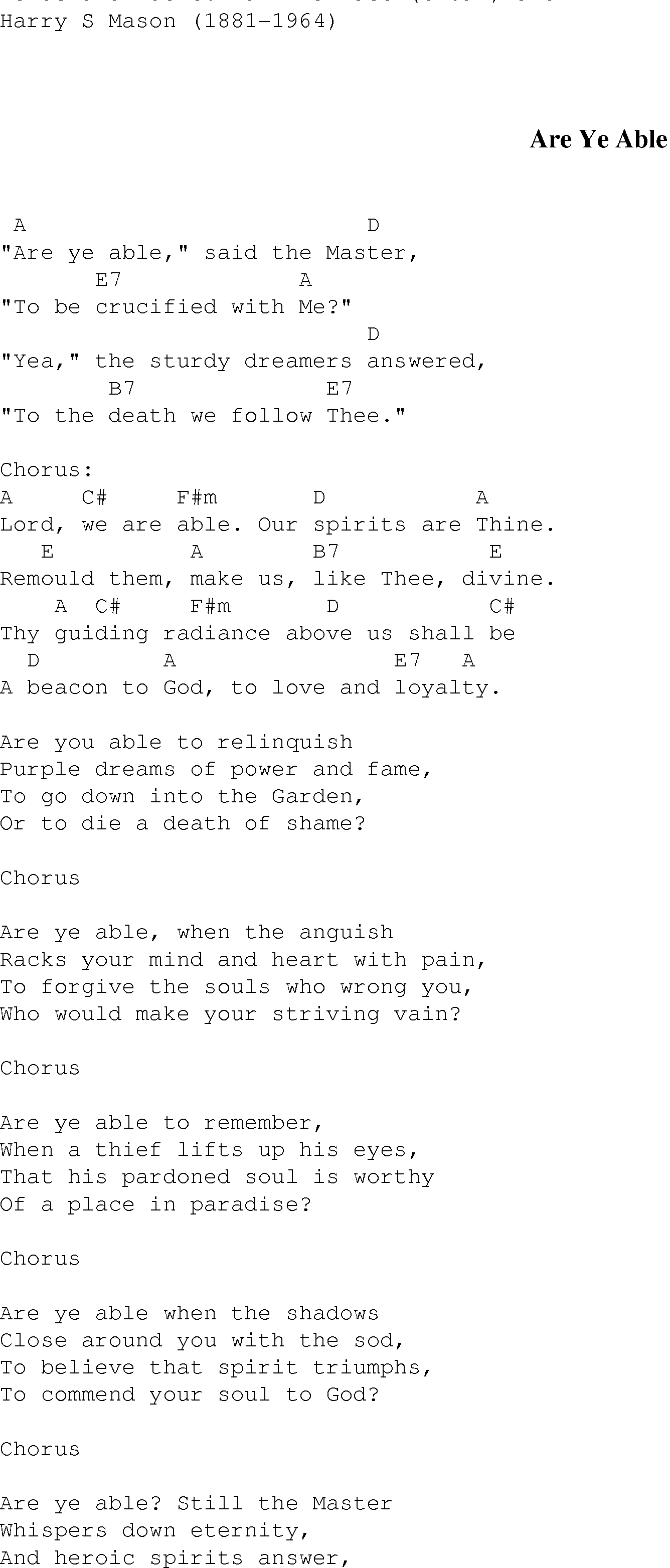 Gospel Song: are_ye_able, lyrics and chords.