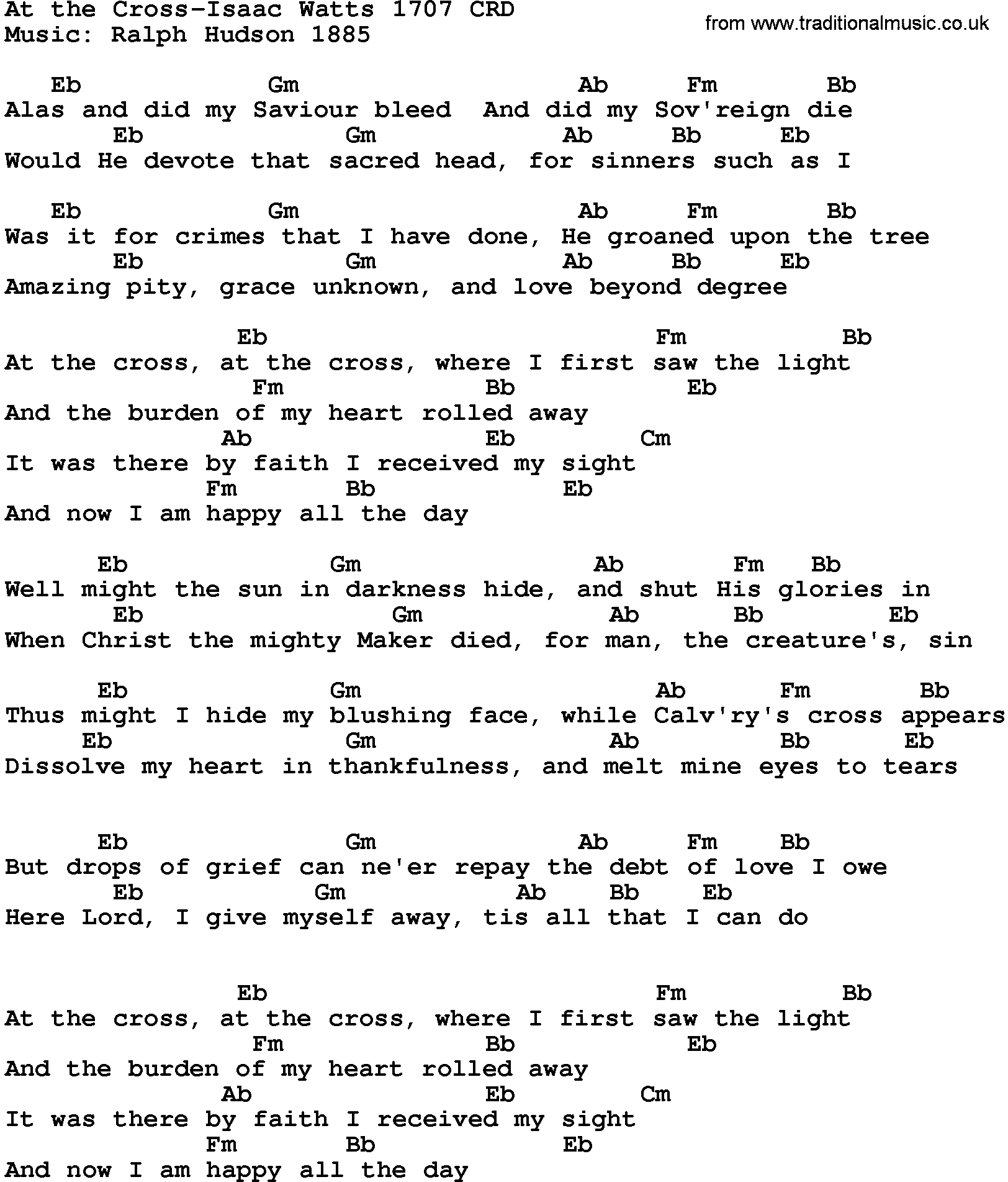 Gospel Song: At The Cross-Isaac Watts 1707, lyrics and chords.