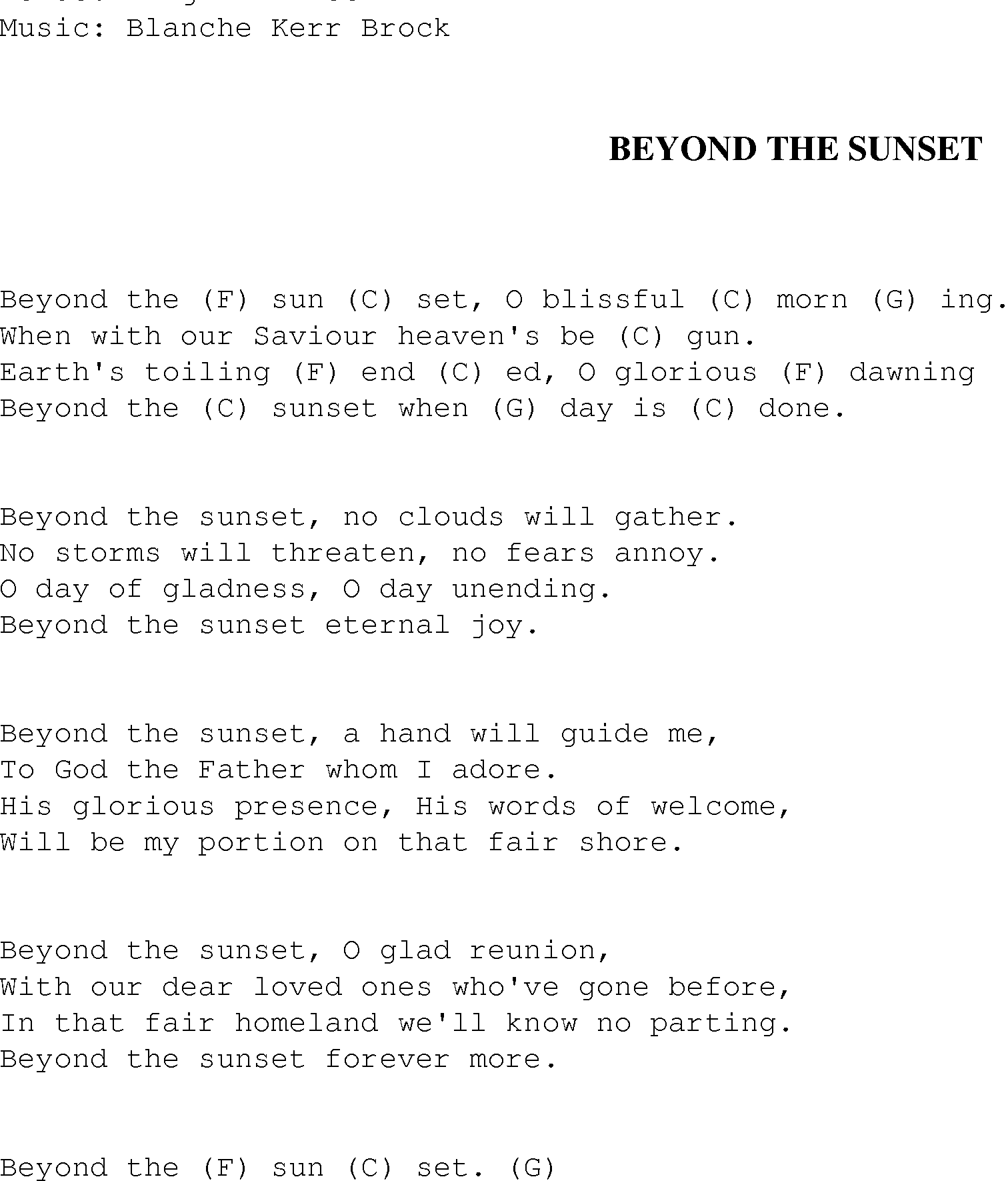 Gospel Song: beyond_the_sunset, lyrics and chords.