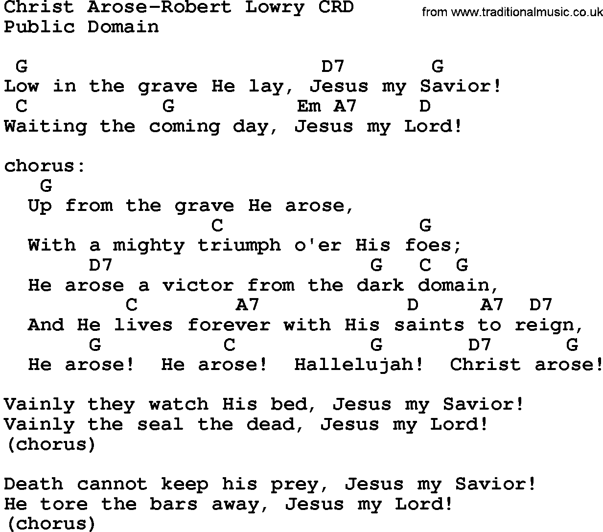 Gospel Song: Christ Arose-Robert Lowry, lyrics and chords.