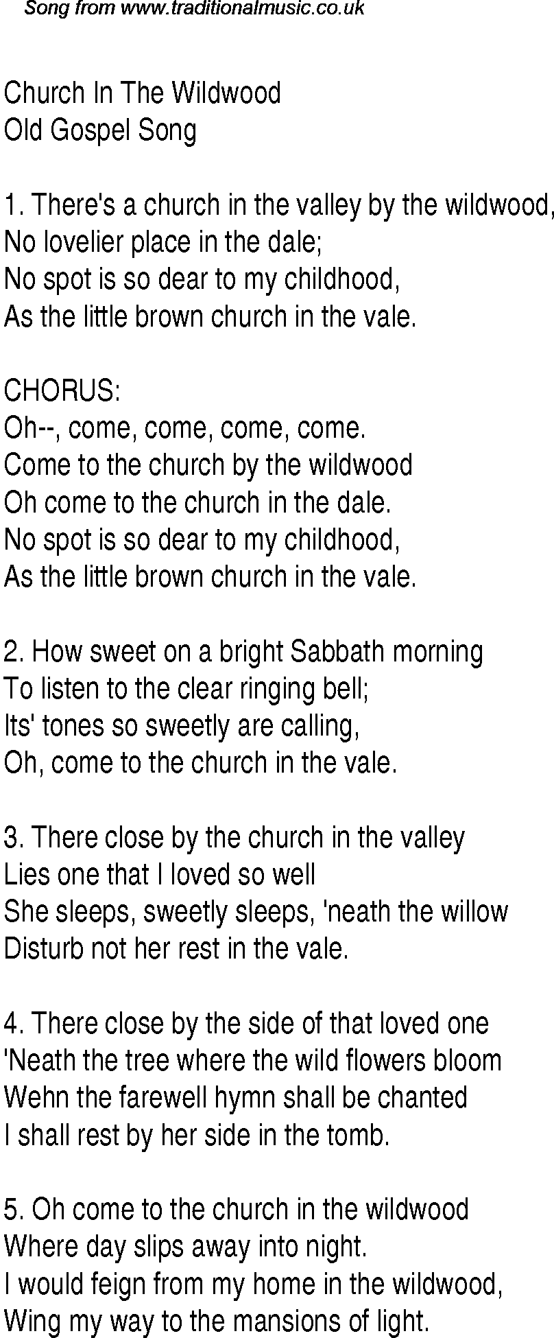 Gospel Song: church-in-the-wildwood, lyrics and chords.