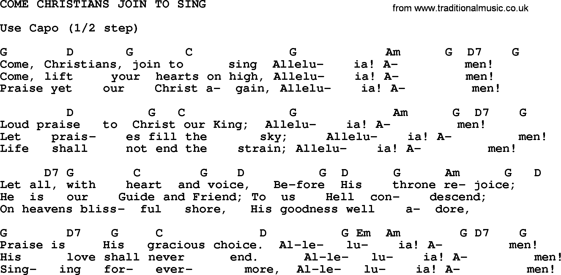 Gospel Song: Come Christians Join To Sing-Trad, lyrics and chords.