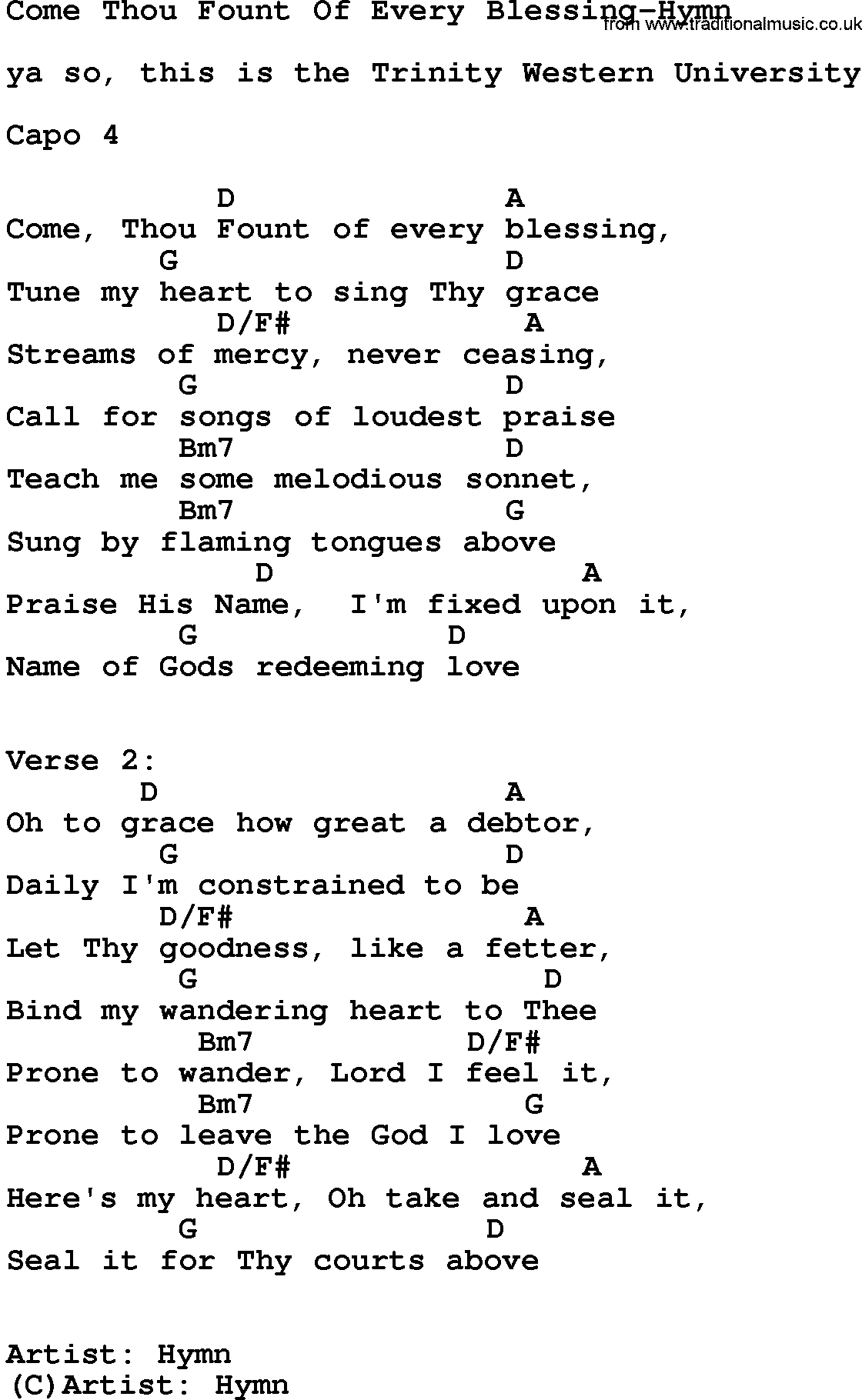 Gospel Song: Come Thou Fount Of Every Blessing-Hymn, lyrics and chords.