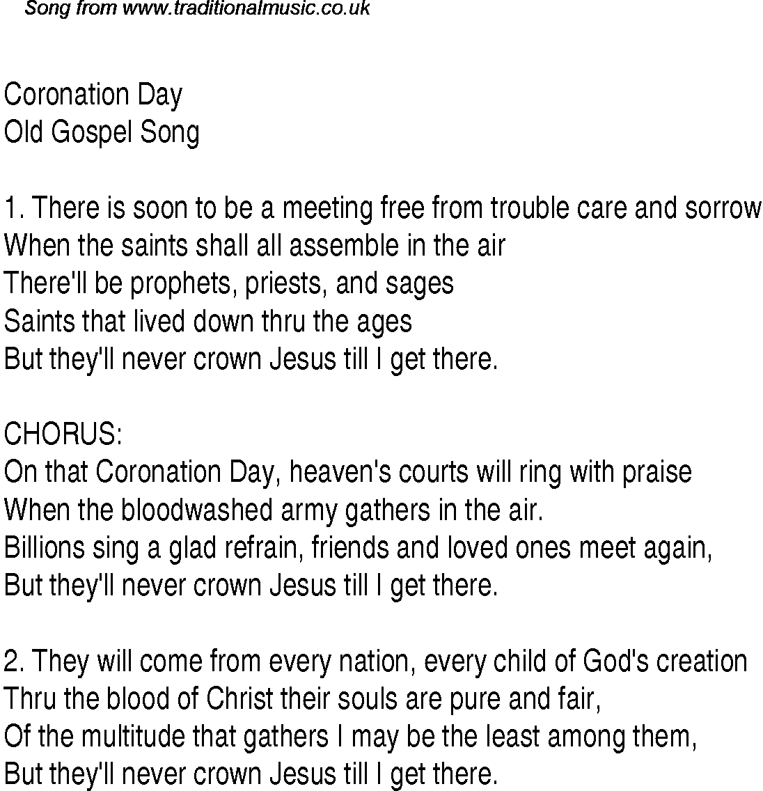 Gospel Song: coronation-day, lyrics and chords.
