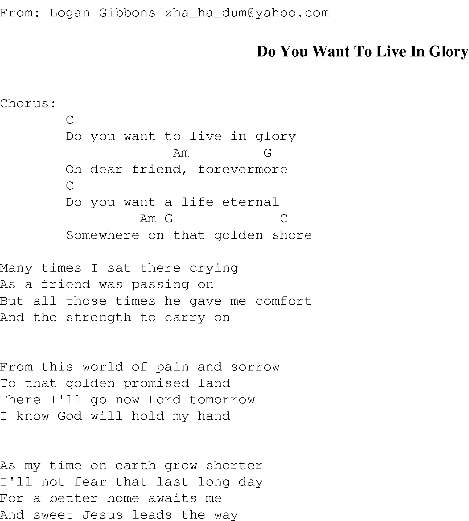 Gospel Song: do_you_want_live_in_glory, lyrics and chords.