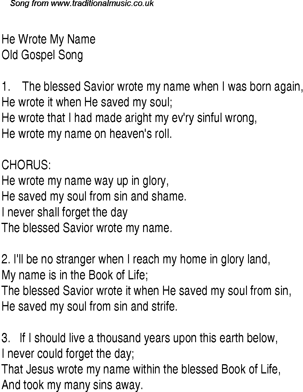 Gospel Song: he-wrote-my-name, lyrics and chords.