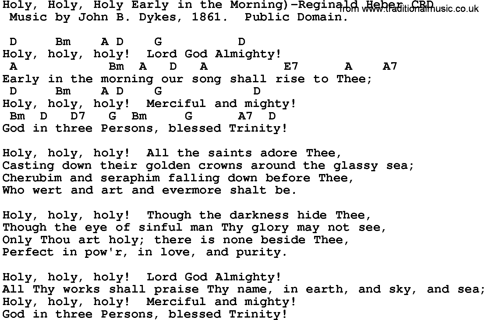 Gospel Song: Holy, Holy, Holy Early In The Morning)-Reginald Heber, lyrics and chords.