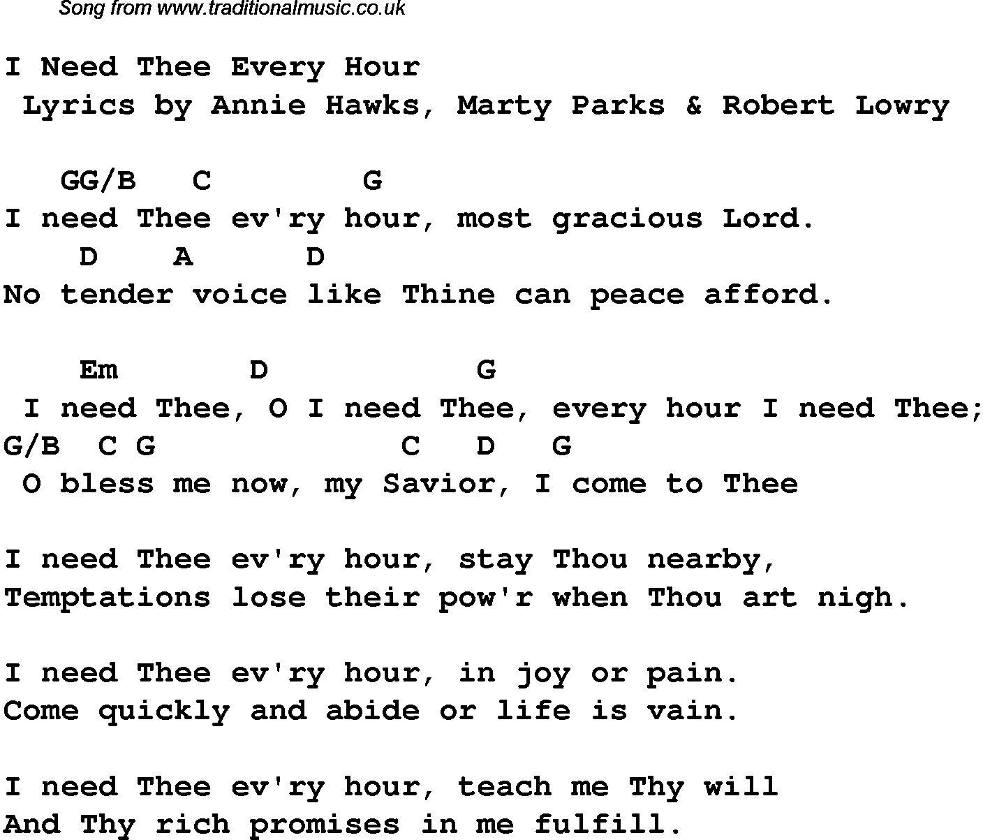 Gospel Song: i-need-thee-every-hour, lyrics and chords.