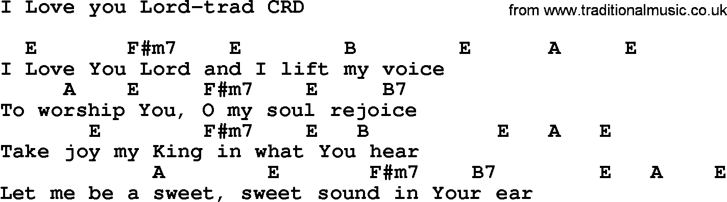 Gospel Song: I Love You Lord-Trad, lyrics and chords.