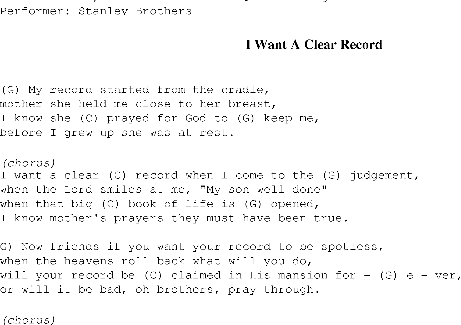 Gospel Song: i_want_a_clear_record, lyrics and chords.