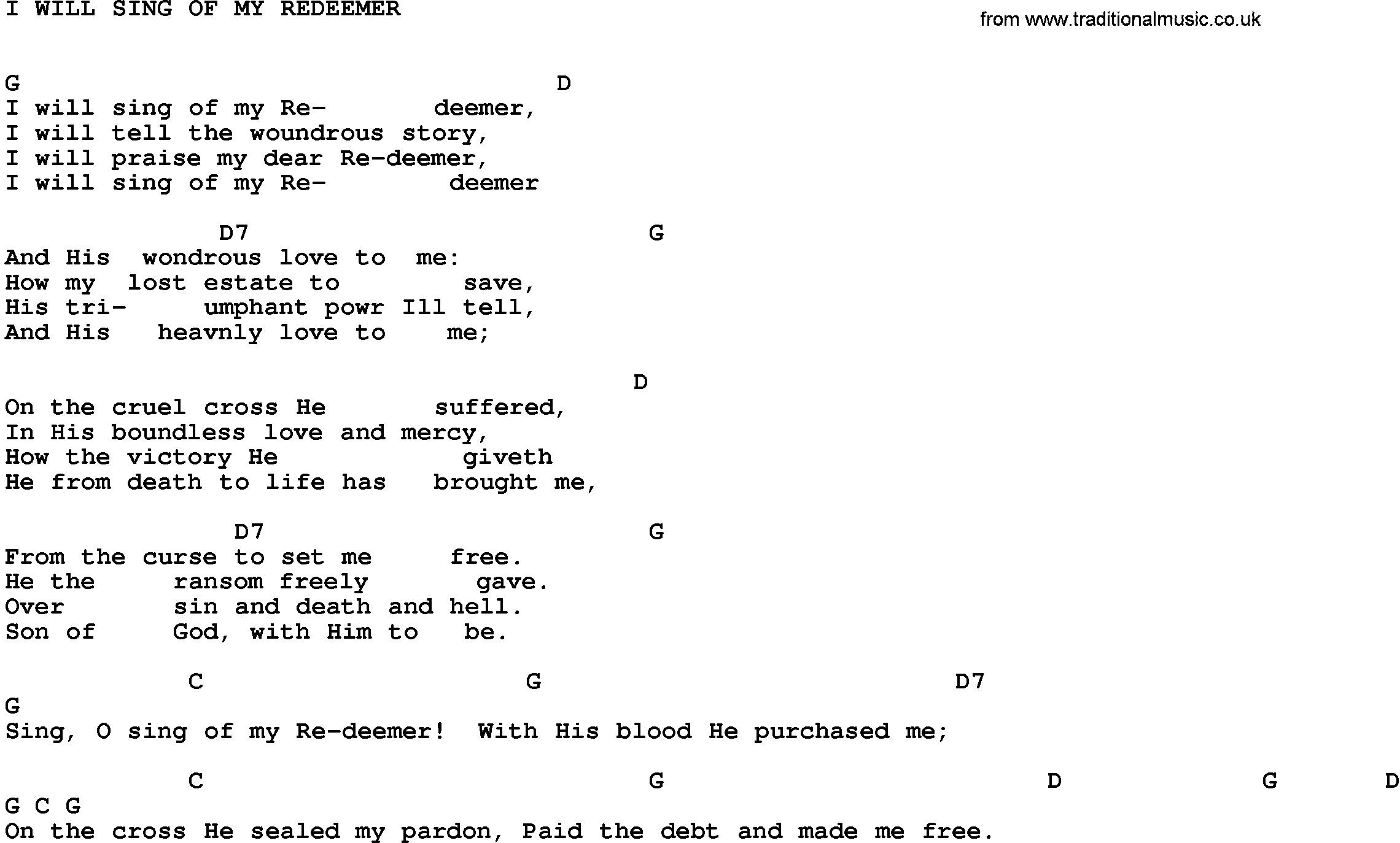 Gospel Song: I Will Sing Of My Redeemer-Trad, lyrics and chords.