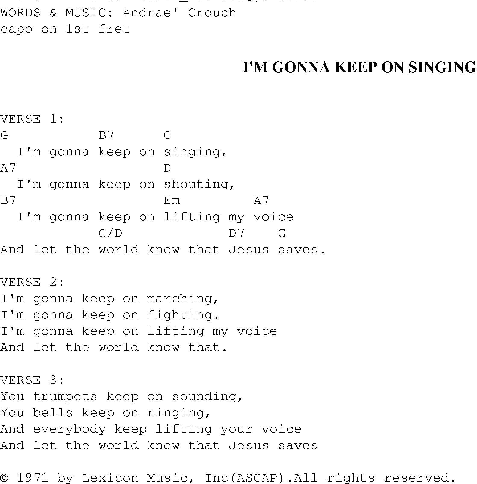 Gospel Song: im_gonna_keep_on_singing, lyrics and chords.