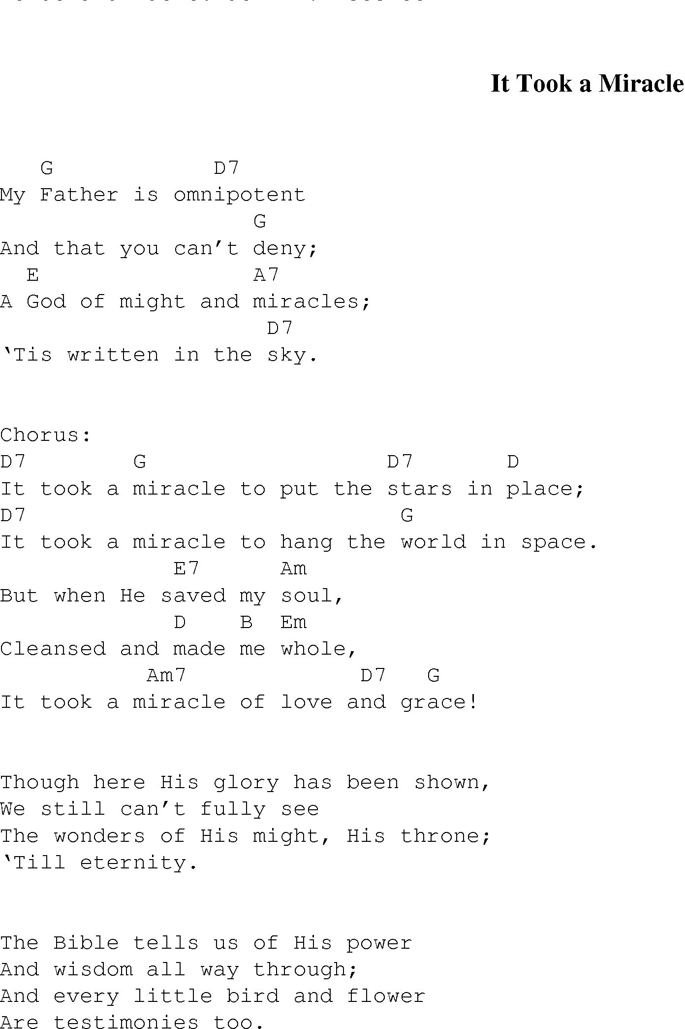 Gospel Song: it_took_a_miracle, lyrics and chords.