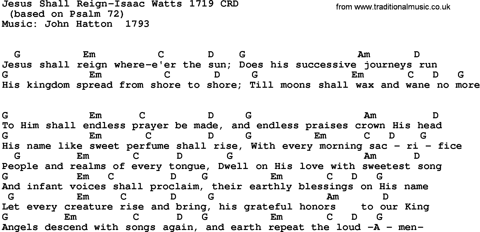 Gospel Song: Jesus Shall Reign-Isaac Watts 1719, lyrics and chords.