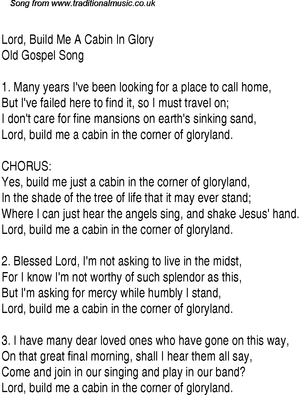 Gospel Song: lord,-build-me-a-cabin-in-glory, lyrics and chords.