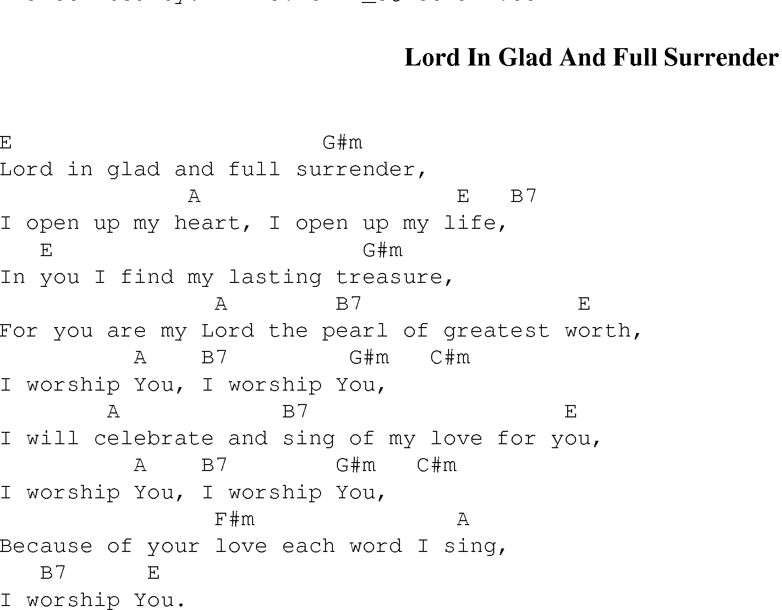 Gospel Song: lord_in_glad_and_full_surrender, lyrics and chords.