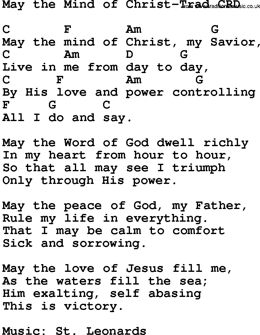 Gospel Song: May The Mind Of Christ-Trad, lyrics and chords.