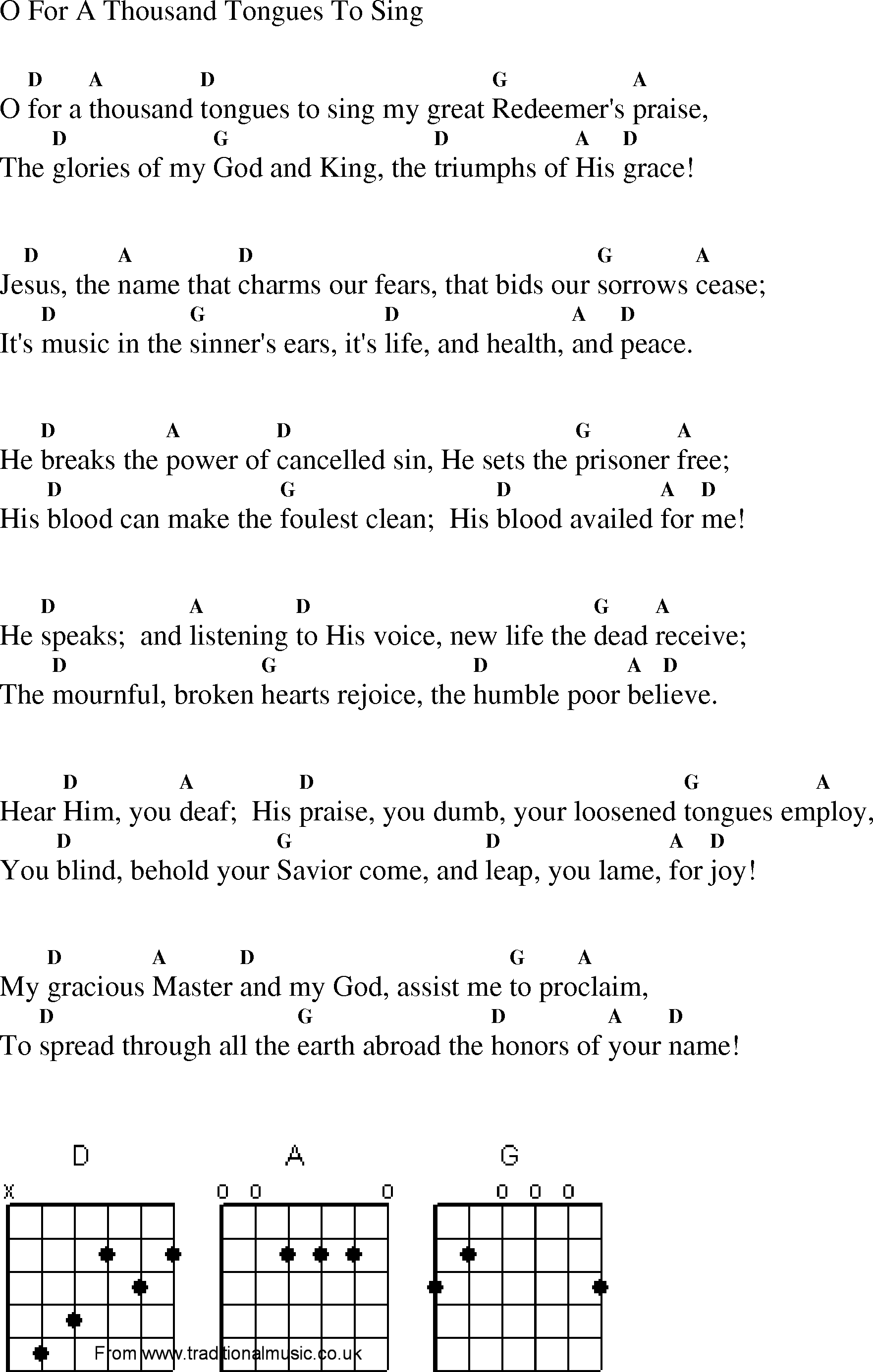 Gospel Song: o_for_a_thousand_tongues_to_sing, lyrics and chords.