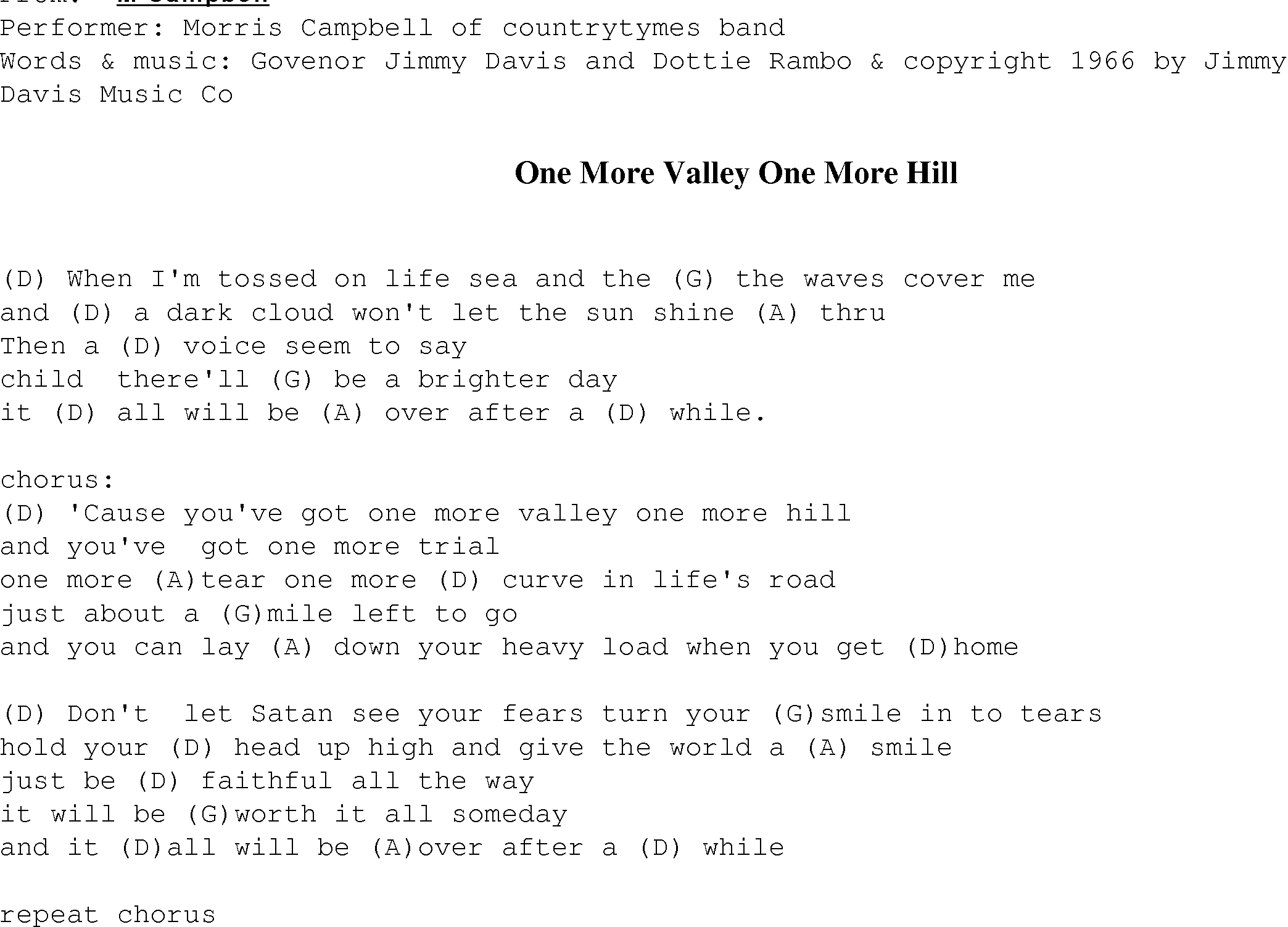Gospel Song: one_more_valley_one_more_hill, lyrics and chords.
