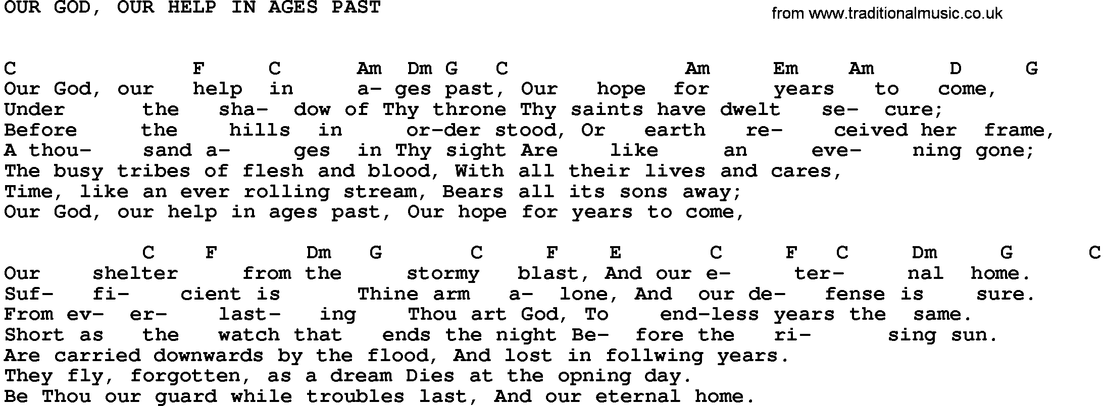 Gospel Song: Our God, Our Help In Ages Past-Trad, lyrics and chords.