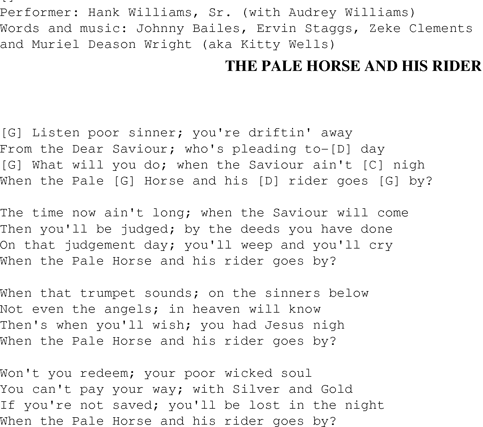 Gospel Song: pale_horse_and_his_rider, lyrics and chords.