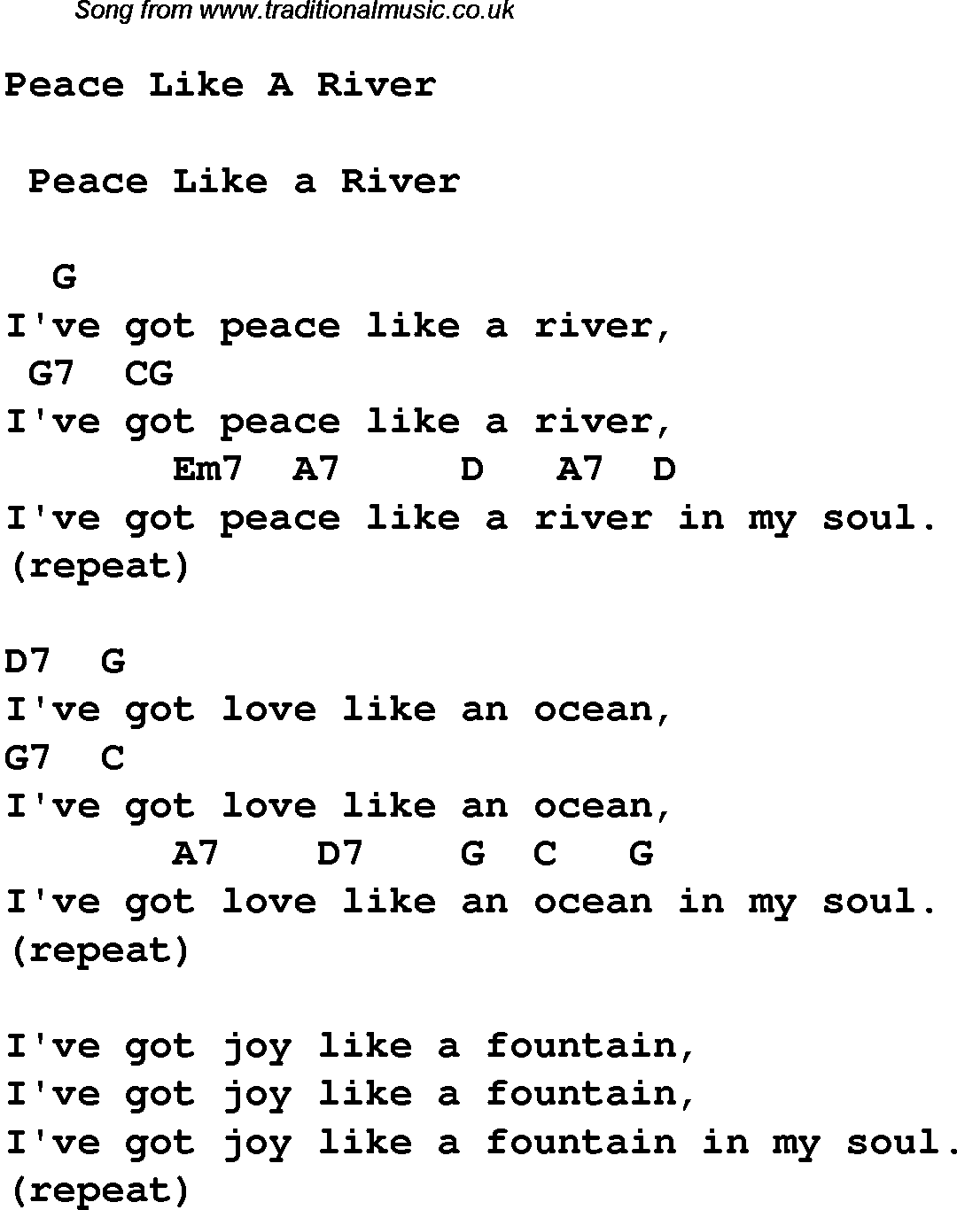 Peace Like A River - Christian Gospel Song Lyrics and Chords