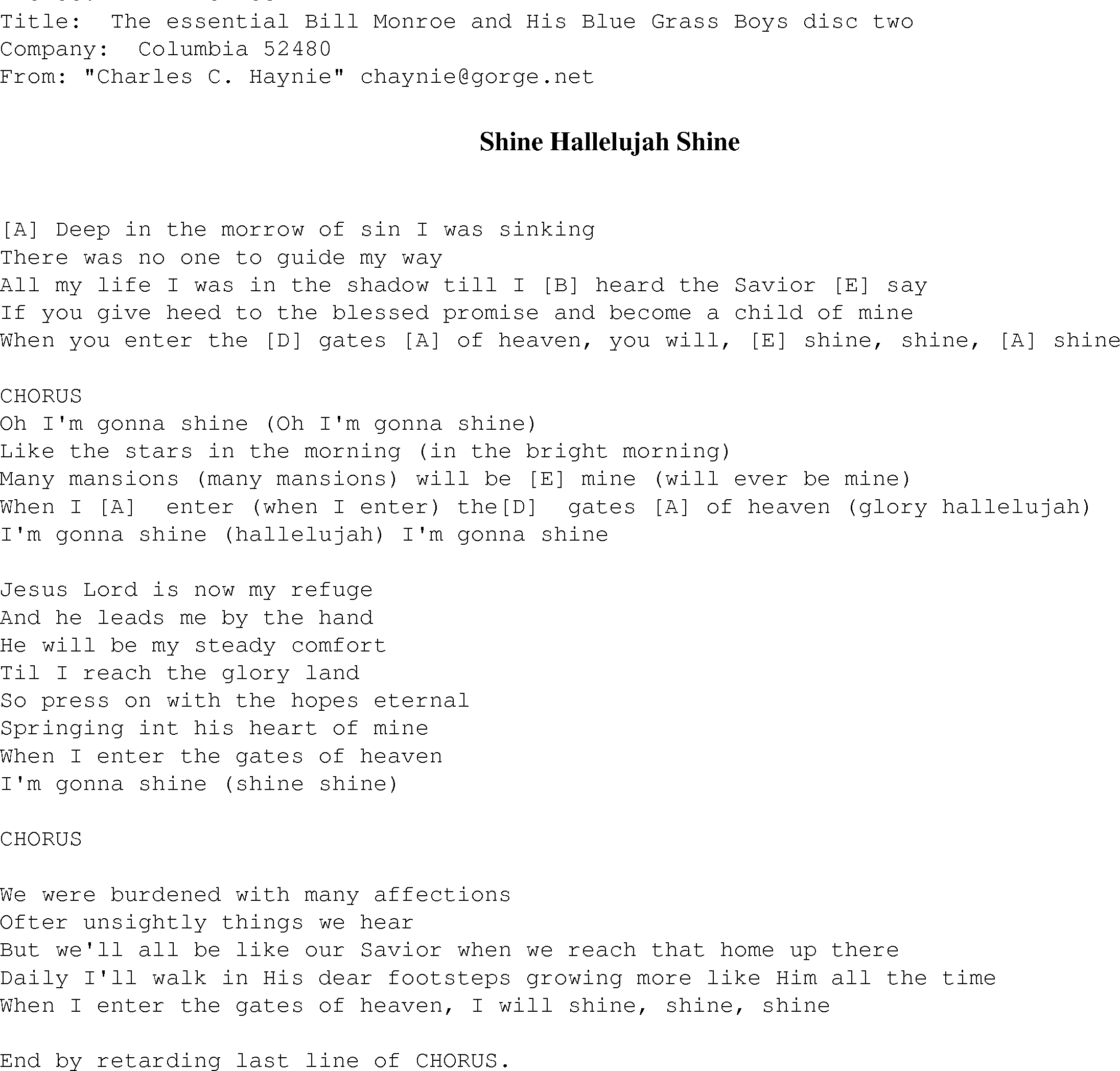 Gospel Song: shine_hallelujah_shine, lyrics and chords.