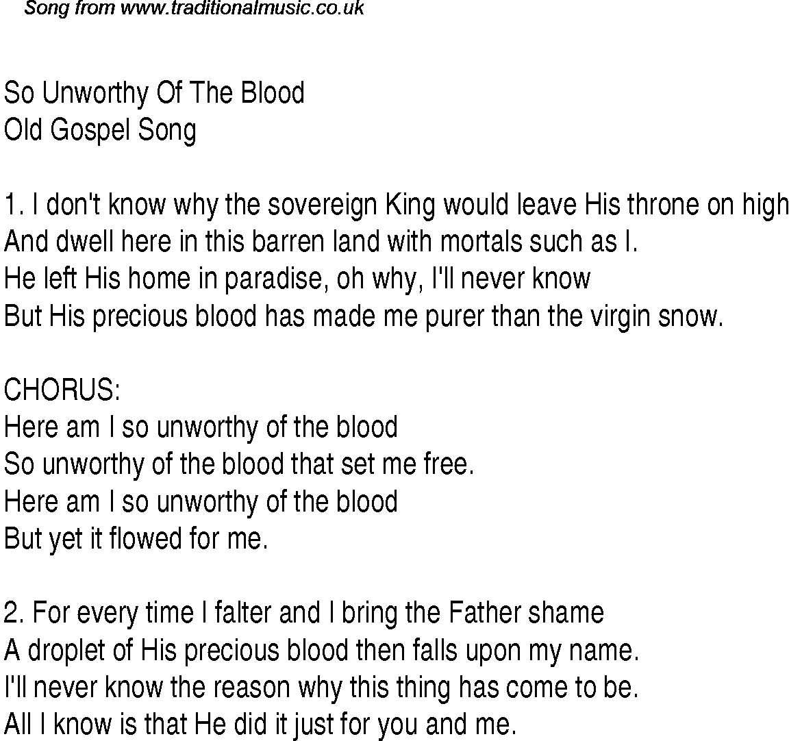 Gospel Song: so-unworthy-of-the-blood, lyrics and chords.