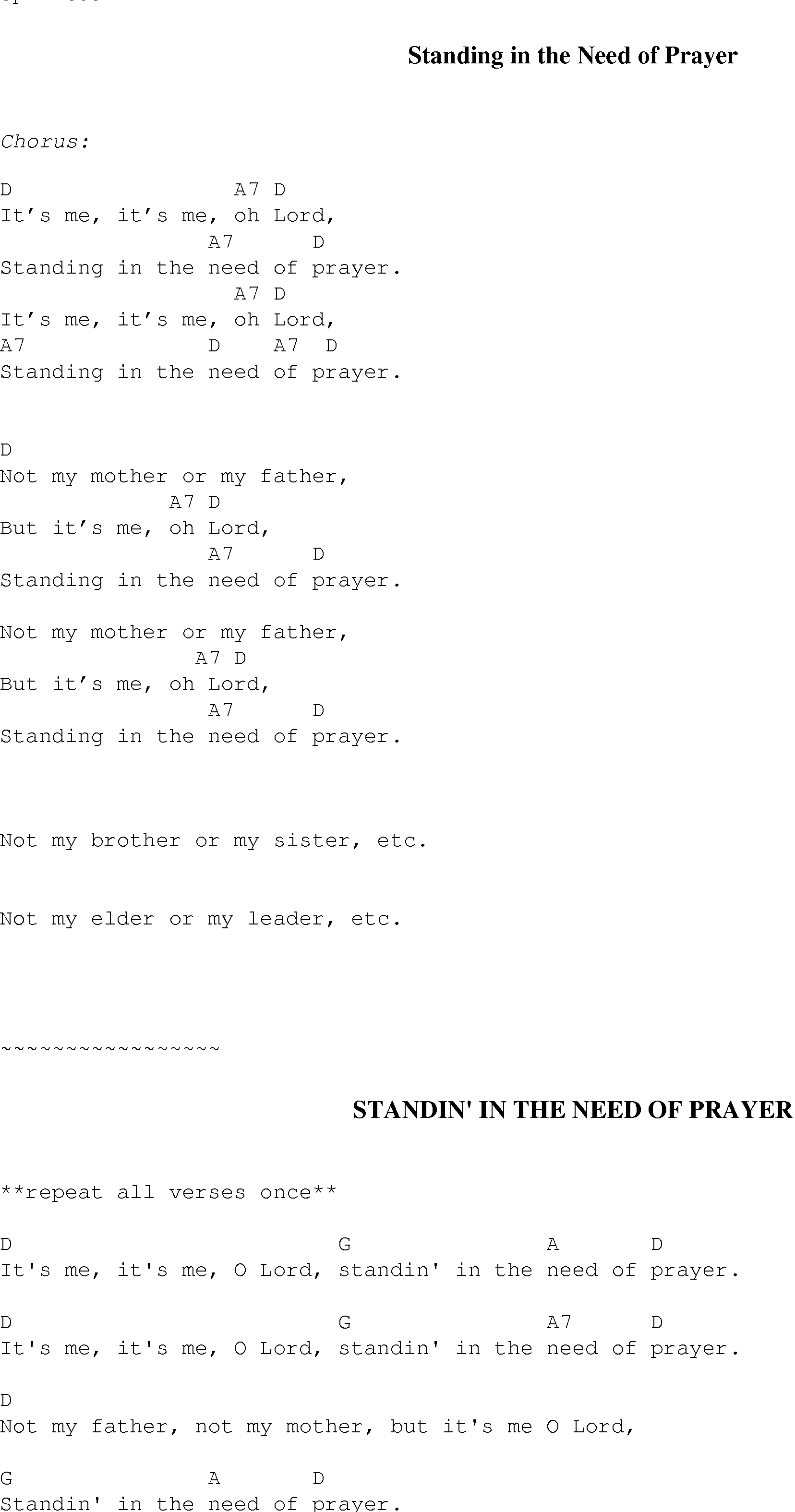 Gospel Song: standing_in_the_need, lyrics and chords.
